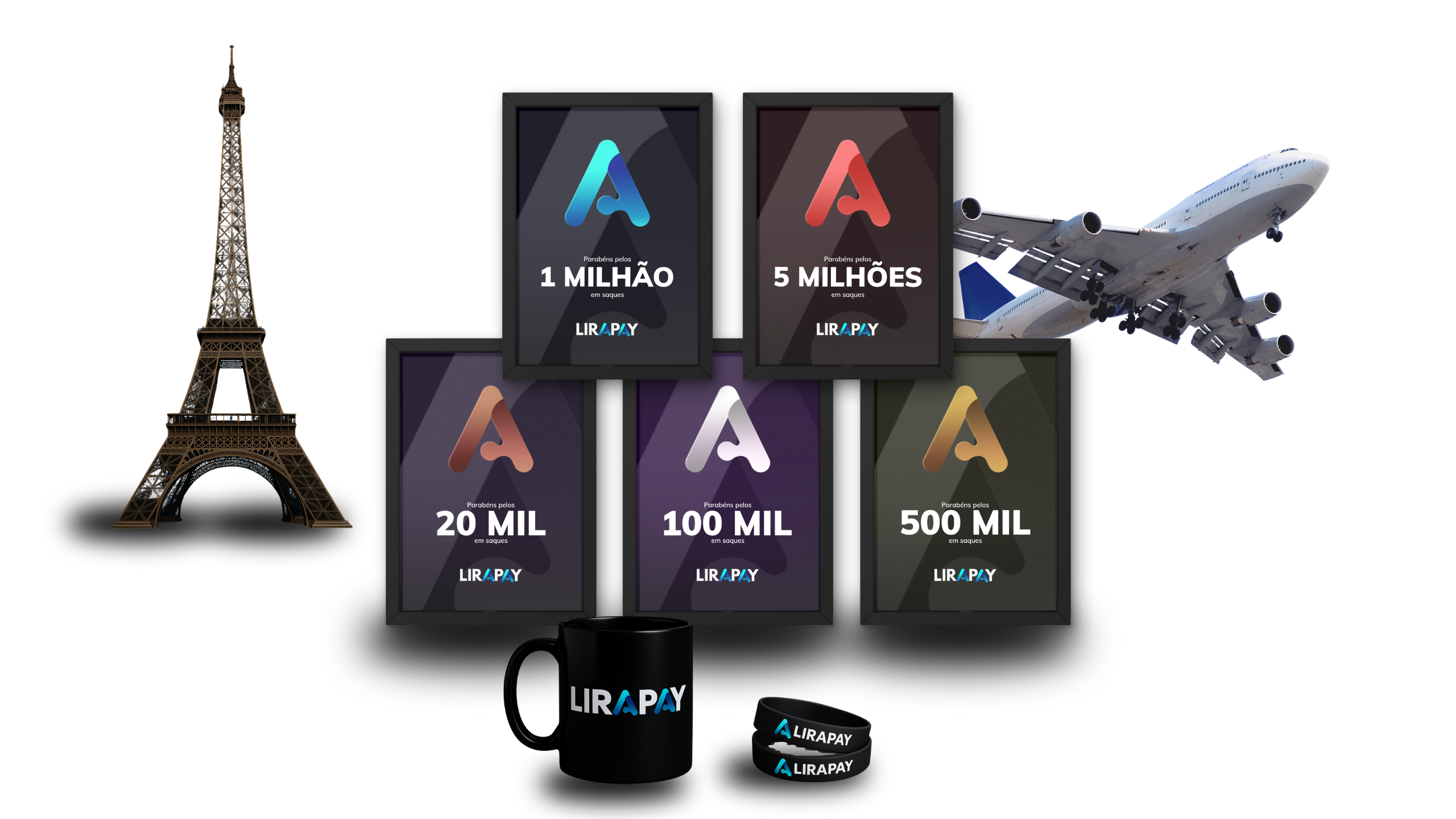 Programa de Premiações LiraPay - Placas de 20 mil, 100 mil, 500 mil, 1 milhão e 5 milhões com experiências de viagem